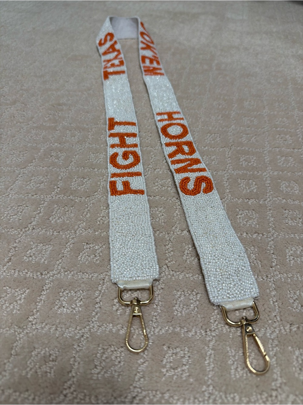 White Beaded Crossbody Strap with Orange 'FIGHT HORNS' Text University of Texas